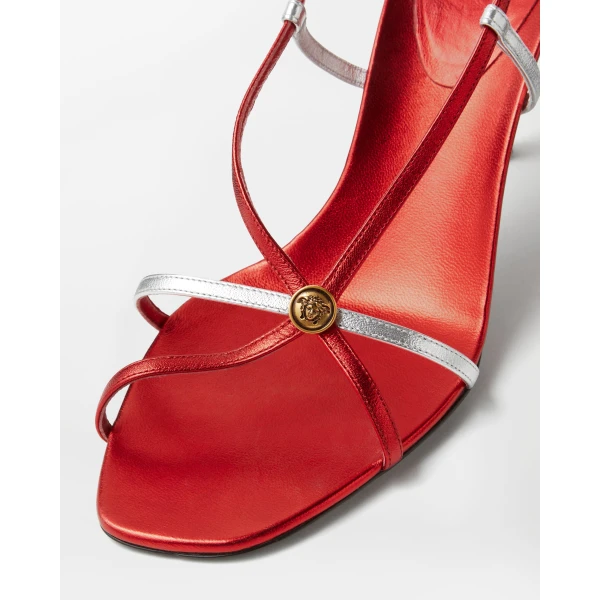 Versace Valentina Metallic Sandals 80 mm in Red, view 4 | Sandals