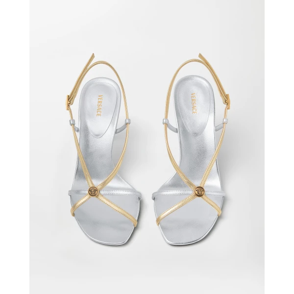 Versace Valentina Metallic Sandals 80 mm in Silver and Gold, view 2 | Sandals