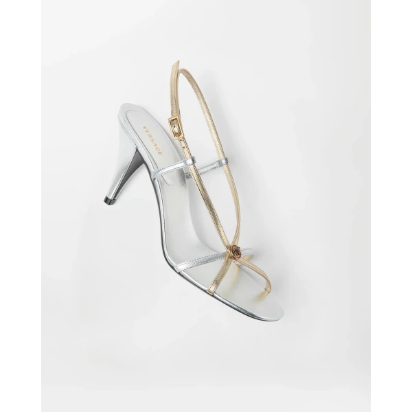 Versace Valentina Metallic Sandals 80 mm in Silver and Gold, view 3 | Sandals