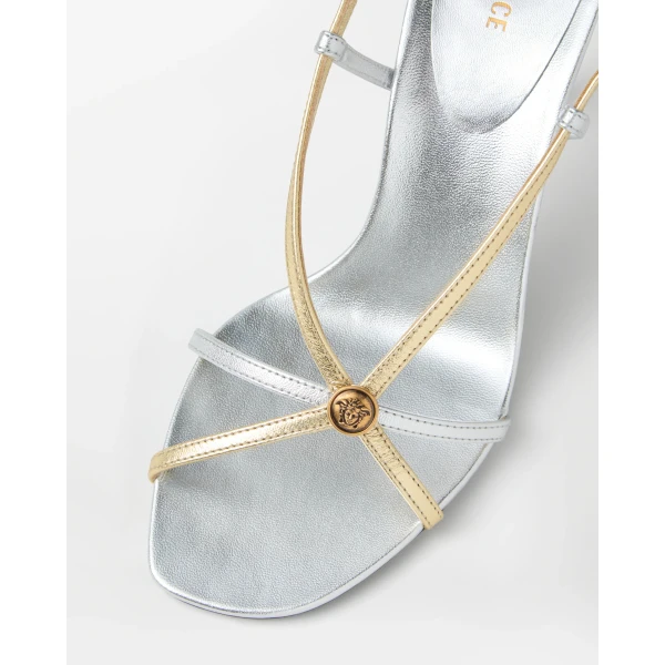 Versace Valentina Metallic Sandals 80 mm in Silver and Gold, view 4 | Sandals
