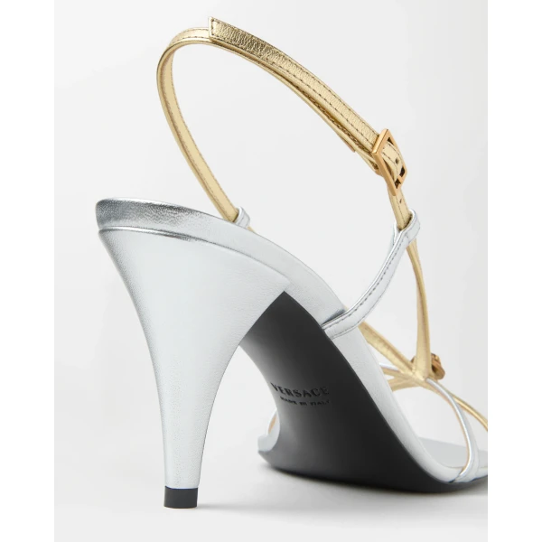Versace Valentina Metallic Sandals 80 mm in Silver and Gold, view 6 | Sandals