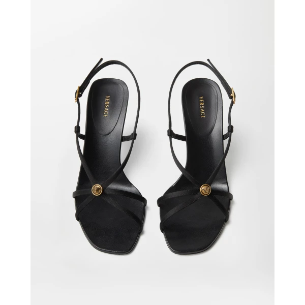 Versace Valentina Satin Sandals 80 mm in Black, view 3 | Sandals