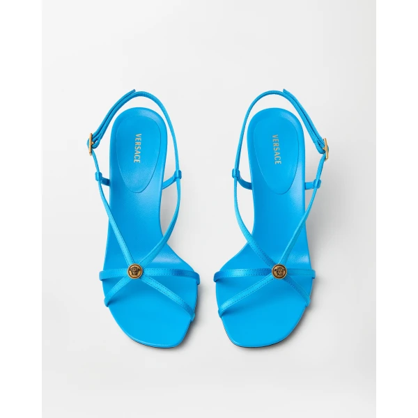Versace Valentina Satin Sandals 80 mm in Light Blue, view 2 | Sandals