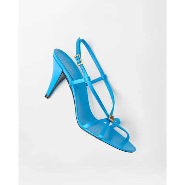 Versace Valentina Satin Sandals 80 mm in Light Blue, view 3 | Sandals