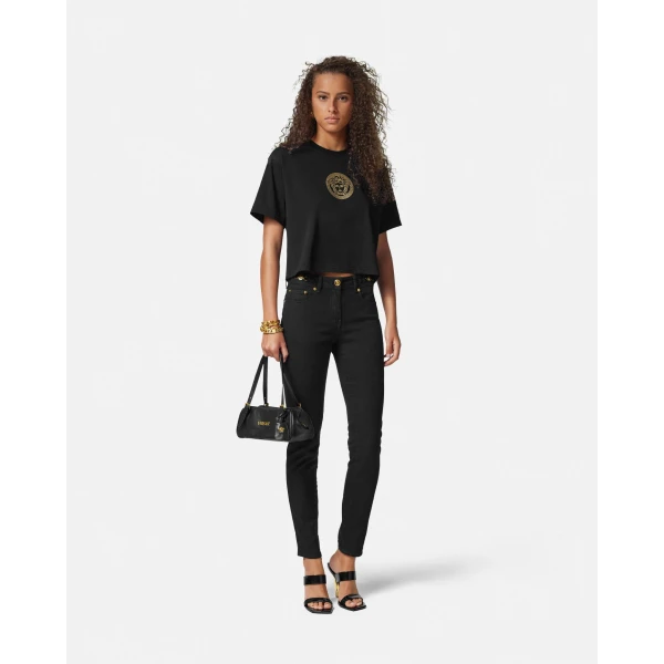 Versace Versace Tag Nappa Bowling Bag in Black and Gold, view 3 | Shoulder & Crossbody Bags