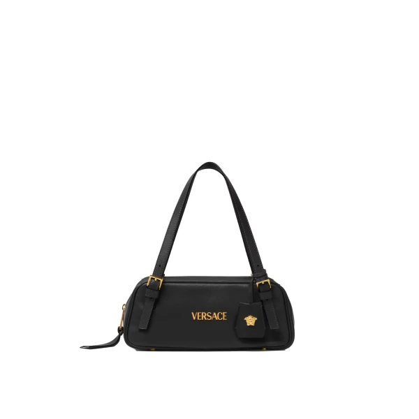 Versace Versace Tag Nappa Bowling Bag in Black and Gold | Shoulder & Crossbody Bags | Coveti