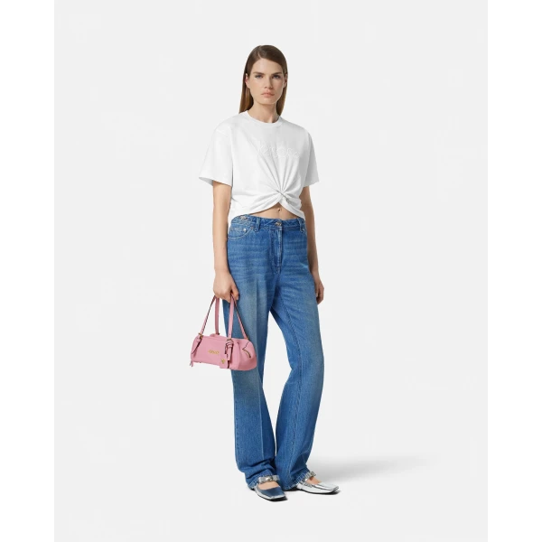 Versace Versace Tag Nappa Bowling Bag in Light Pink, view 3 | Shoulder & Crossbody Bags