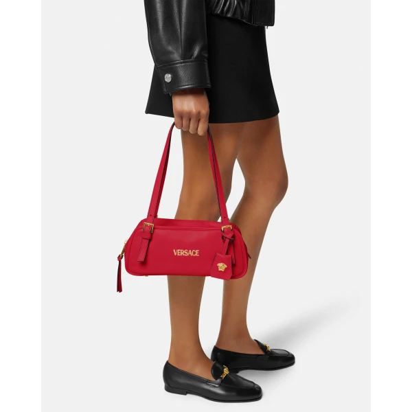 Versace Versace Tag Nappa Bowling Bag in Red, view 3 | Shoulder & Crossbody Bags
