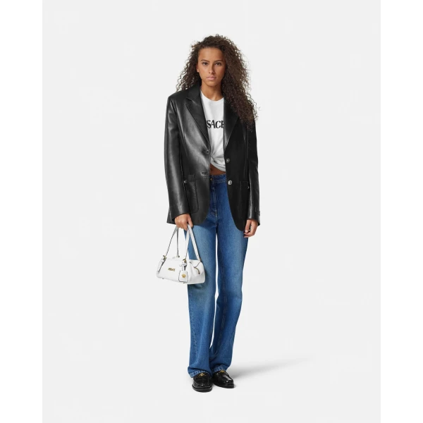 Versace Versace Tag Nappa Bowling Bag in White, view 3 | Shoulder & Crossbody Bags