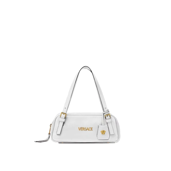 Versace Versace Tag Nappa Bowling Bag in White | Shoulder & Crossbody Bags | Coveti