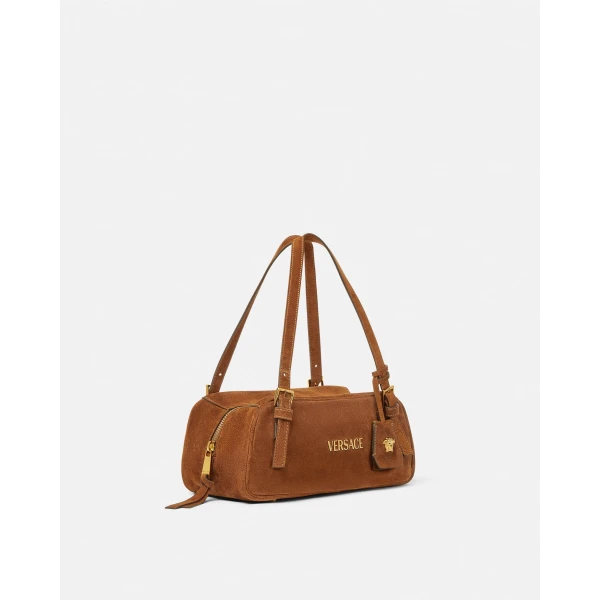 Versace Versace Tag Suede Bowling Bag in Brown and Gold, view 2 | Shoulder & Crossbody Bags