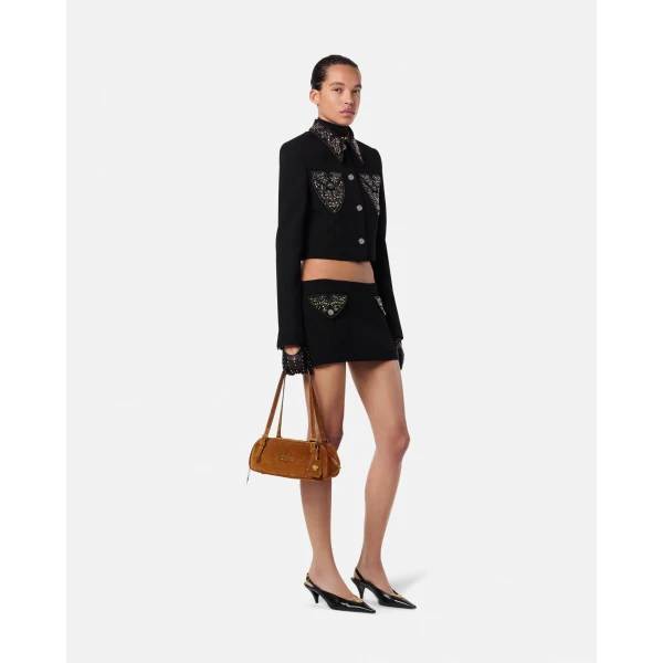 Versace Versace Tag Suede Bowling Bag in Brown and Gold, view 3 | Shoulder & Crossbody Bags