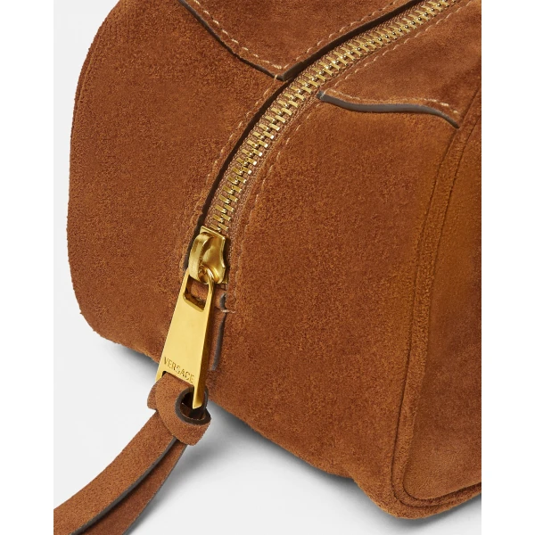 Versace Versace Tag Suede Bowling Bag in Brown and Gold, view 5 | Shoulder & Crossbody Bags