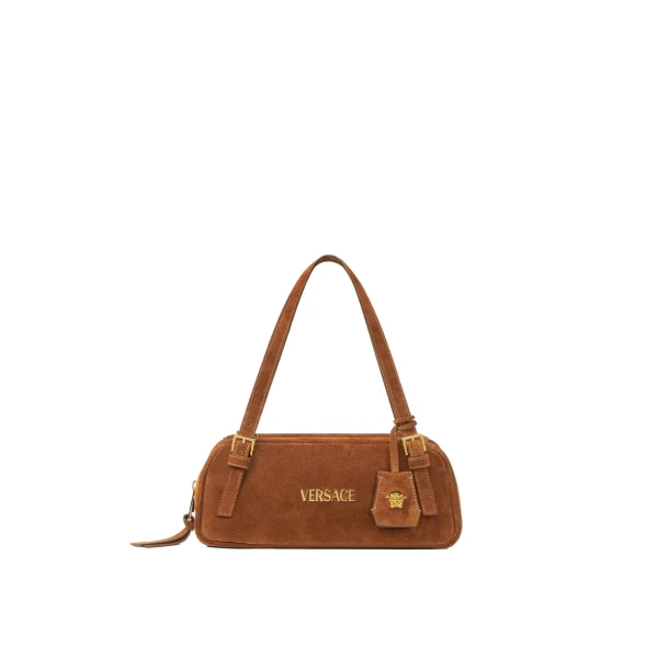 Versace Tag Suede Bowling Bag in Brown and Gold