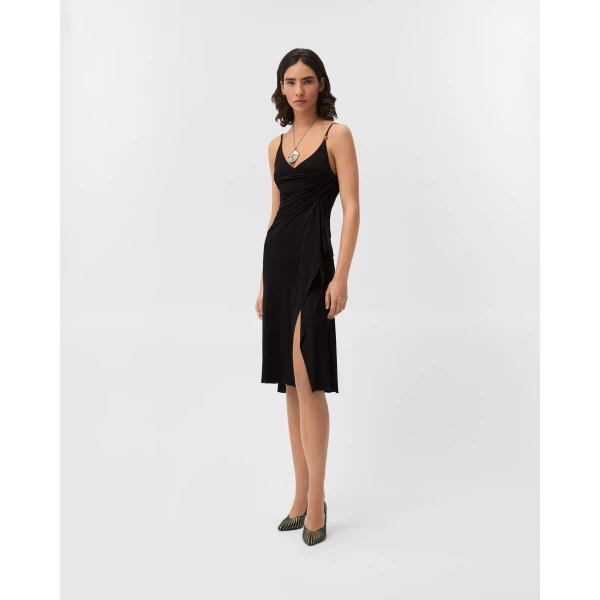 Versace Viscose-Jersey Draped Midi Dress in Black, view 2 | Midi Dresses