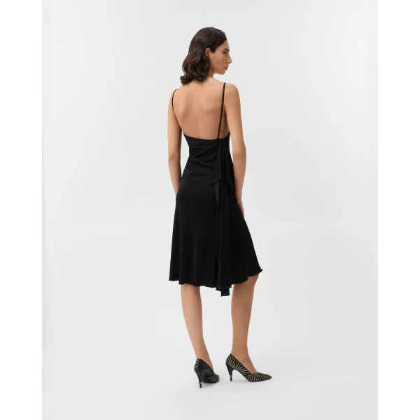 Versace Viscose-Jersey Draped Midi Dress in Black, view 3 | Midi Dresses