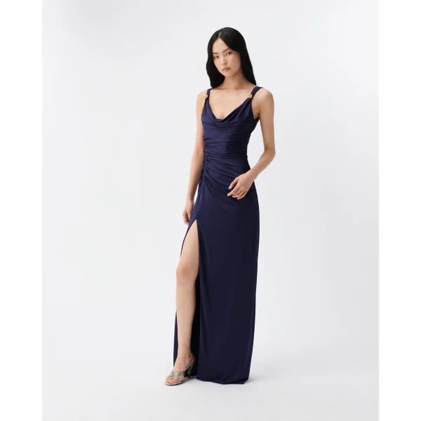 Versace Viscose-Jersey Gown in Navy, view 2 | Evening Gowns