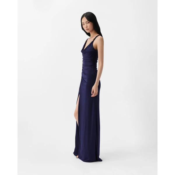Versace Viscose-Jersey Gown in Navy, view 4 | Evening Gowns