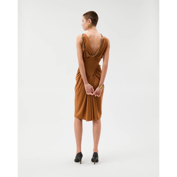 Versace Viscose-Jersey Midi Dress in Brown, view 3 | Midi Dresses