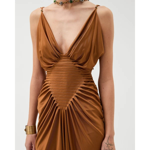 Versace Viscose-Jersey Midi Dress in Brown, view 5 | Midi Dresses
