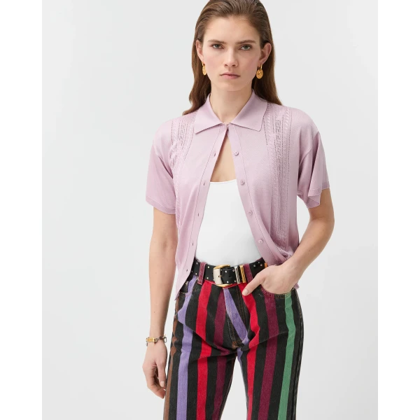Versace Viscose Knit Polo in Pink, view 2 | Tops