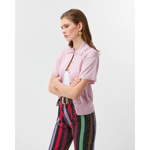 Versace Viscose Knit Polo in Pink, view 4 | Tops