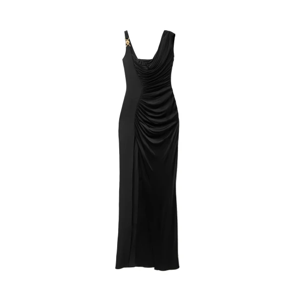 Versace Viscose Liquid Jersey Draped Gown in Black | Evening Gowns | Coveti