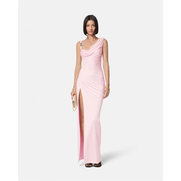 Versace Viscose Liquid Jersey Draped Gown in Light Pink, view 2 | Evening Gowns