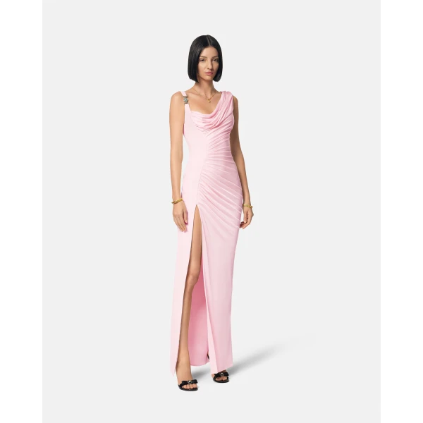 Versace Viscose Liquid Jersey Draped Gown in Light Pink, view 4 | Evening Gowns