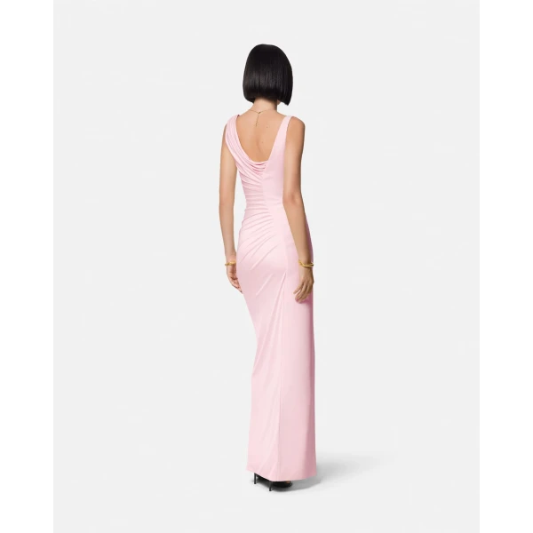 Versace Viscose Liquid Jersey Draped Gown in Light Pink, view 5 | Evening Gowns
