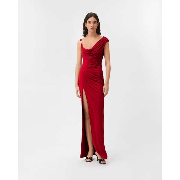Versace Viscose Liquid Jersey Draped Gown in Red, view 2 | Evening Gowns