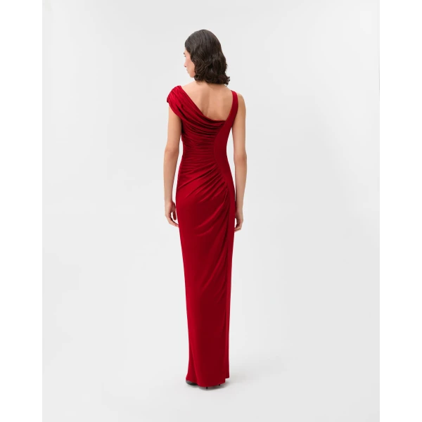Versace Viscose Liquid Jersey Draped Gown in Red, view 3 | Evening Gowns