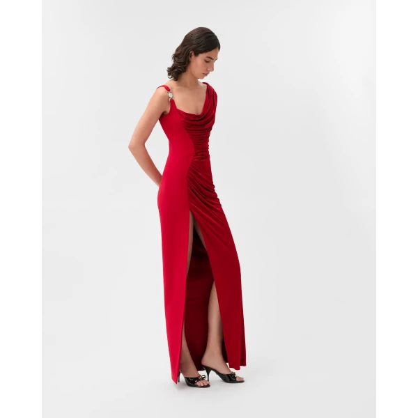 Versace Viscose Liquid Jersey Draped Gown in Red, view 4 | Evening Gowns