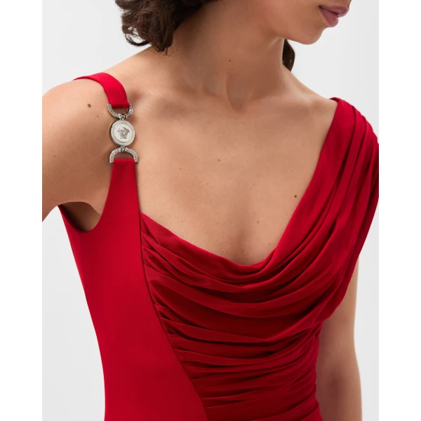 Versace Viscose Liquid Jersey Draped Gown in Red, view 5 | Evening Gowns
