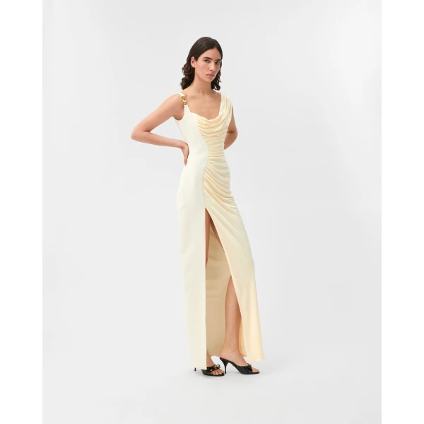 Versace Viscose Liquid Jersey Draped Gown in White, view 2 | Evening Gowns
