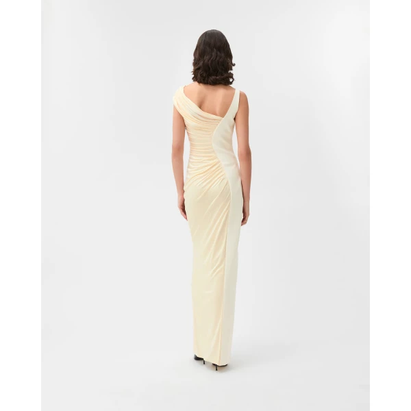 Versace Viscose Liquid Jersey Draped Gown in White, view 3 | Evening Gowns