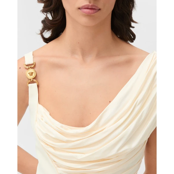 Versace Viscose Liquid Jersey Draped Gown in White, view 4 | Evening Gowns