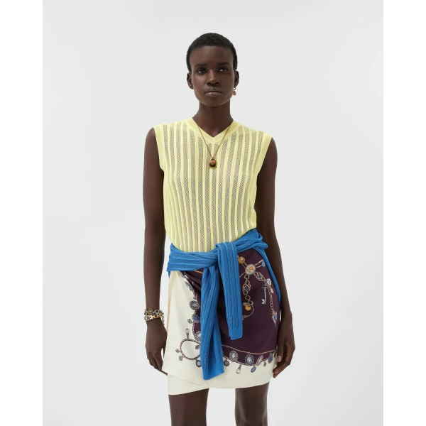 Versace Viscose Mesh Rib Knit Top in Yellow, view 2 | Tops