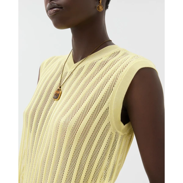Versace Viscose Mesh Rib Knit Top in Yellow, view 5 | Tops