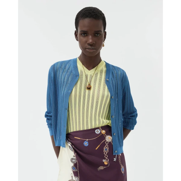 Versace Viscose Mesh Ribbed Knit Cardigan in Light Blue, view 2 | Cardigan
