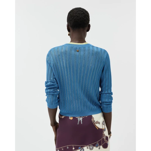 Versace Viscose Mesh Ribbed Knit Cardigan in Light Blue, view 3 | Cardigan