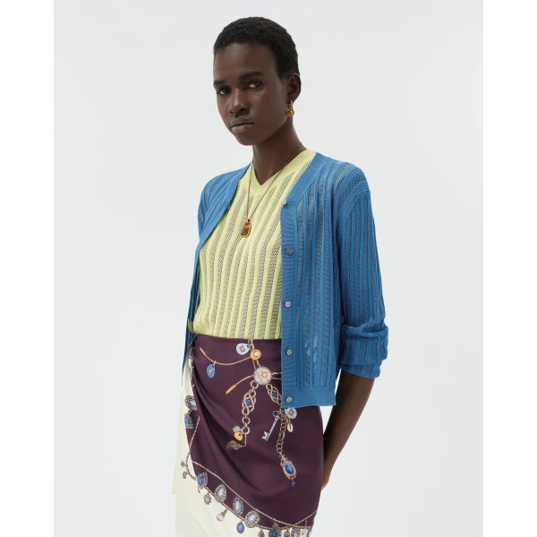 Versace Viscose Mesh Ribbed Knit Cardigan in Light Blue, view 4 | Cardigan