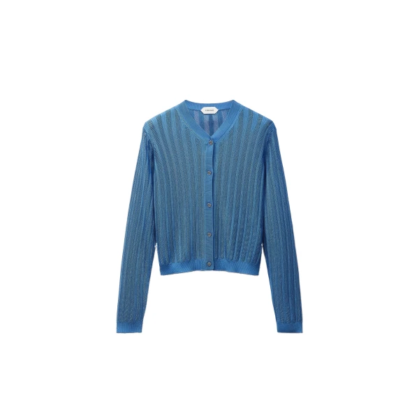 Versace Viscose Mesh Ribbed Knit Cardigan in Light Blue | Cardigan | Coveti