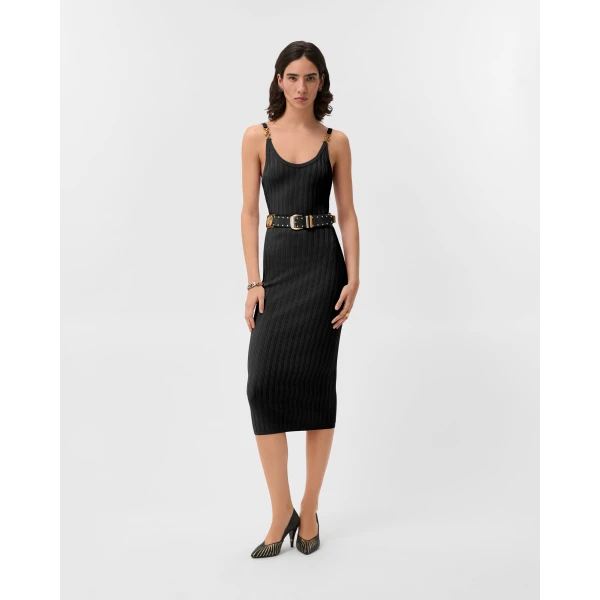 Versace Viscose Mesh Ribbed Knit Midi Dress in Black, view 2 | Midi Dresses