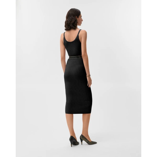 Versace Viscose Mesh Ribbed Knit Midi Dress in Black, view 3 | Midi Dresses