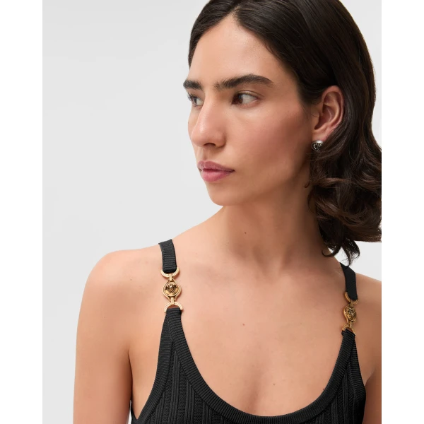Versace Viscose Mesh Ribbed Knit Midi Dress in Black, view 5 | Midi Dresses
