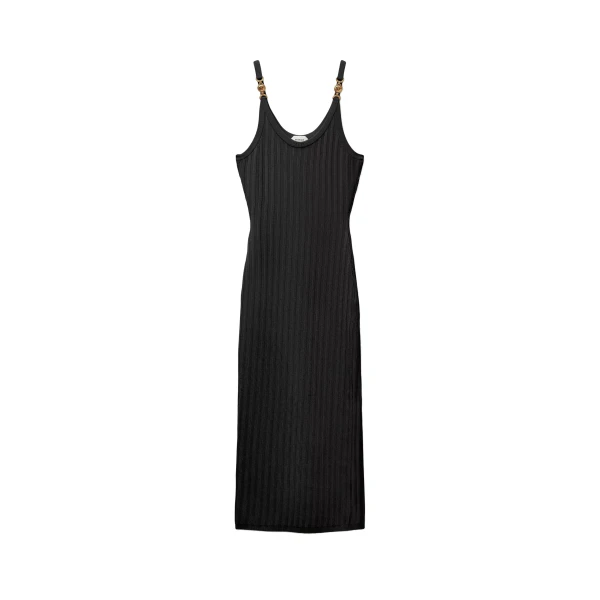 Versace Viscose Mesh Ribbed Knit Midi Dress in Black | Midi Dresses | Coveti