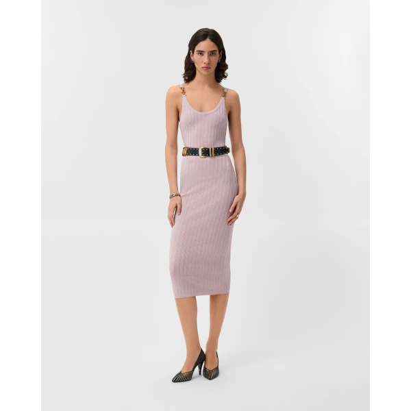 Versace Viscose Mesh Ribbed Knit Midi Dress in Pink, view 2 | Midi Dresses