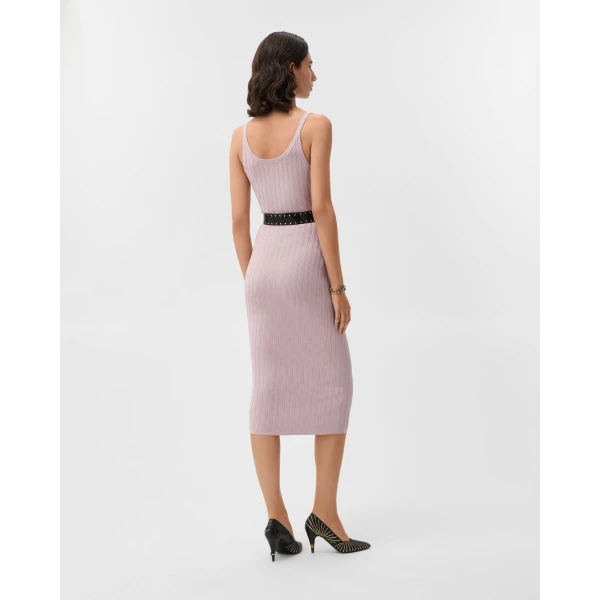 Versace Viscose Mesh Ribbed Knit Midi Dress in Pink, view 3 | Midi Dresses