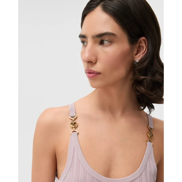 Versace Viscose Mesh Ribbed Knit Midi Dress in Pink, view 5 | Midi Dresses